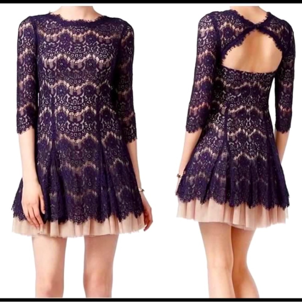 Adam Purple Fit and Flare Wedding Guest Dress with Crew Neck